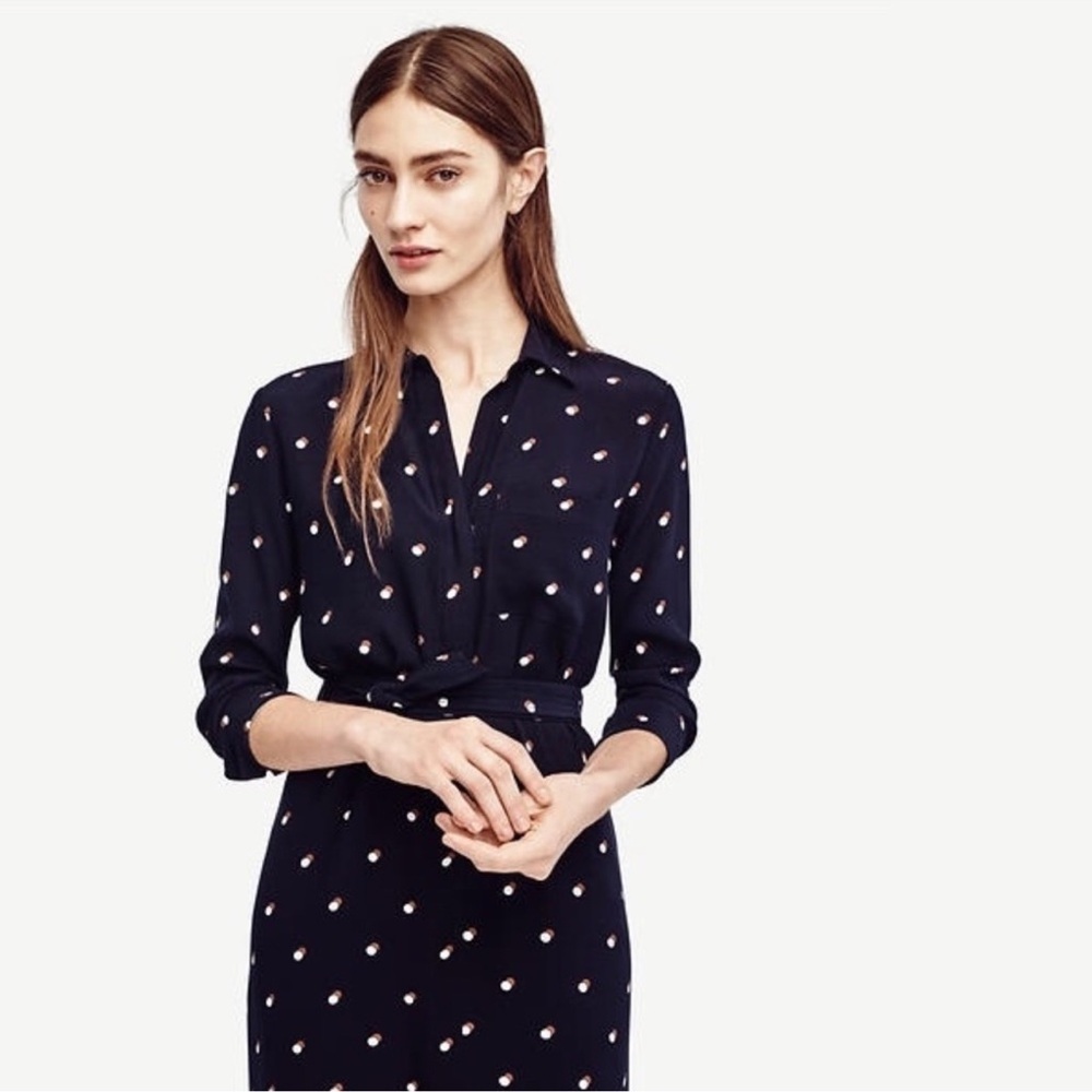 Ann Taylor Double Dot navy long sleeve shirt dress - Picture 3 of 14